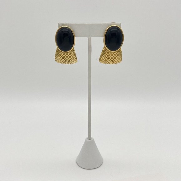 Vintage 80s Gold Curved Large Black Cabochon Statement Clip On Earrings - Picture 5 of 10